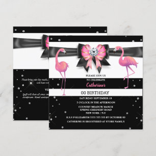 Flamingo pink bow glitter ANY age birthday stripe Invitation
