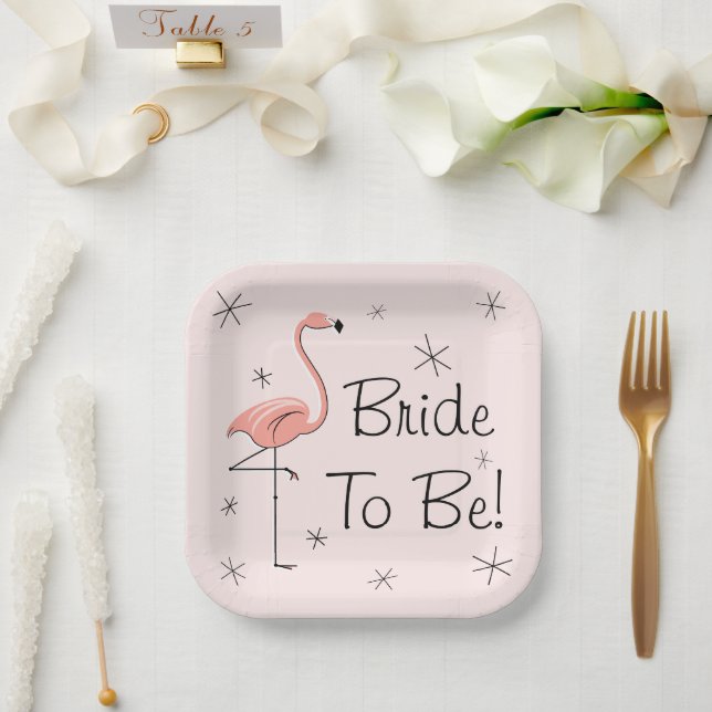 Flamingo Pink Bride to Be! square Paper Plate (Wedding)