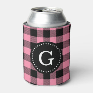 Flamingo Pink Buffalo Check Plaid 1I Monogram Can Cooler