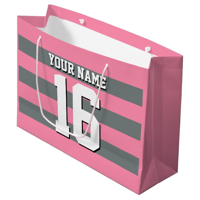 Flamingo Pink Charcoal Team Jersey Preppy Stripe Large Gift Bag (Front Angled)