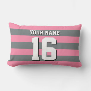 Flamingo Pink Charcoal Team Jersey Preppy Stripe Lumbar Pillow