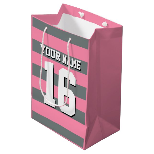 Flamingo Pink Charcoal Team Jersey Preppy Stripe Medium Gift Bag (Front Angled)