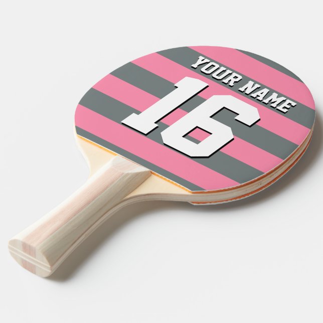 Flamingo Pink Charcoal Team Jersey Preppy Stripe Ping Pong Paddle (Front Angle)