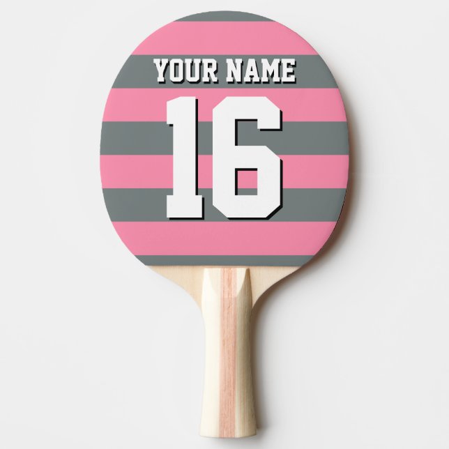 Flamingo Pink Charcoal Team Jersey Preppy Stripe Ping Pong Paddle (Front)