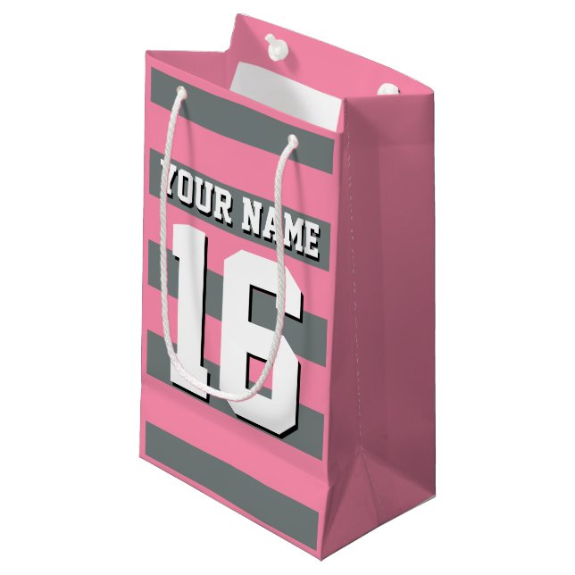 Flamingo Pink Charcoal Team Jersey Preppy Stripe Small Gift Bag (Front Angled)