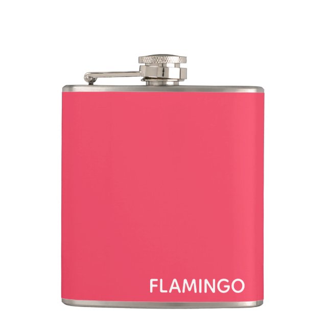 Flamingo pink colour name hip flask (Front)