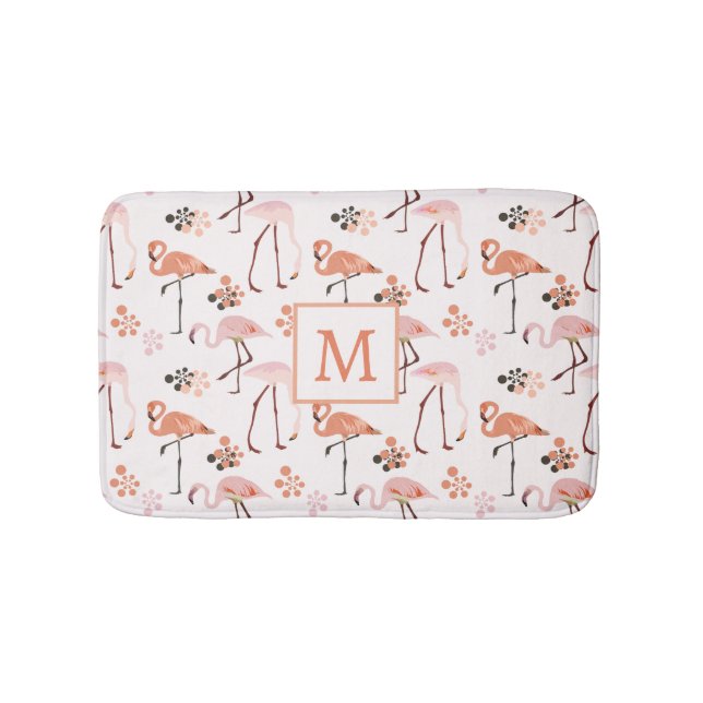 Flamingo Pink Coral Monogram Pattern Bath Mat (Front)