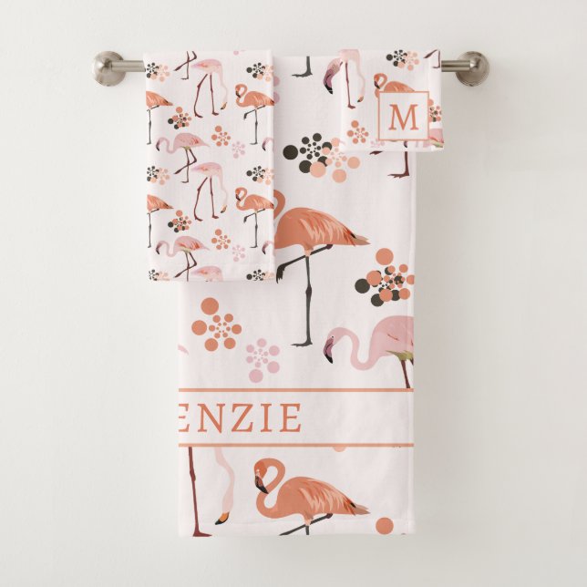 Flamingo Pink Coral Name Monogram Bath Towel Set (Insitu)