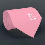Flamingo Pink Elegant Monogram   Name one sided Tie<br><div class="desc">An elegant necktie featuring a bold white monogram across a Flamingo Pink background.  On top of this monogram sits your first or last name spelled out in all capitals.  Over 40  unique colors are available in both one-sided and two-sided versions. You can browse them by clicking the collection link.</div>