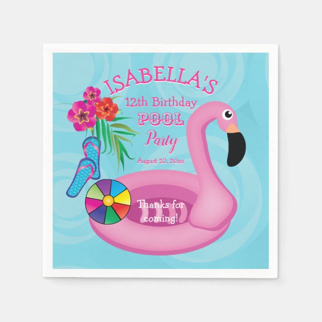Flamingo Pink Floral 12th Birthday Pool Party Napkin (Front)