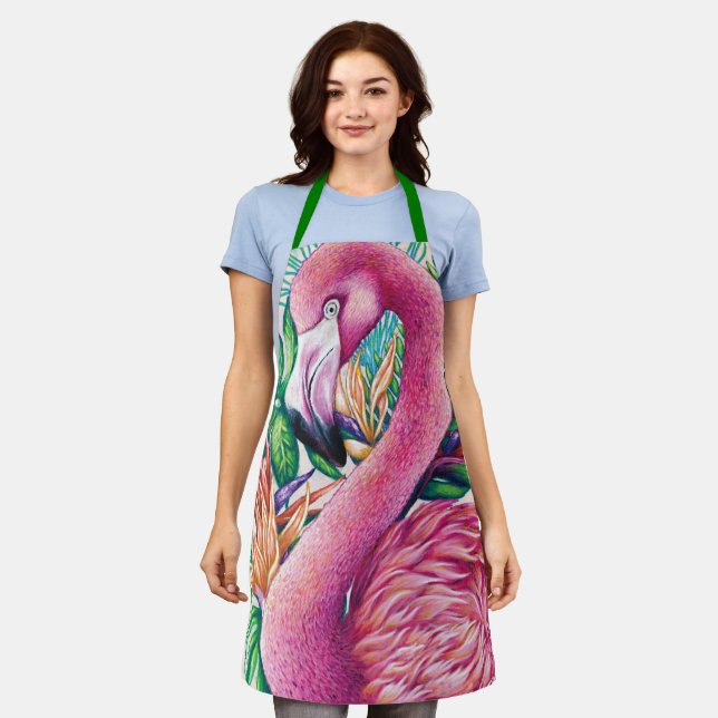 Flamingo Pink Floral Funny Cute Green Apron (Worn)