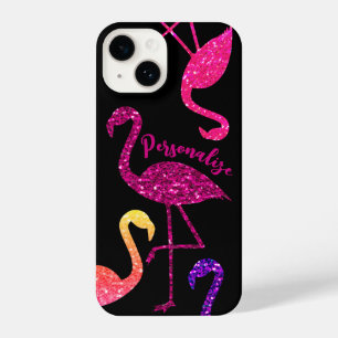 Flamingo pink glitter sparkles Personalize black iPhone 14 Case