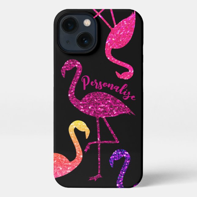 Flamingo pink glitter sparkles Personalize black iPhone Case (Back)