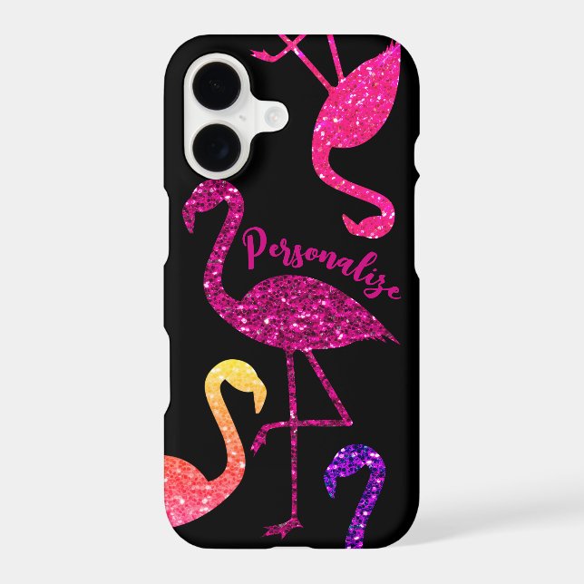 Flamingo pink glitter sparkles Personalize black iPhone Case (Back)