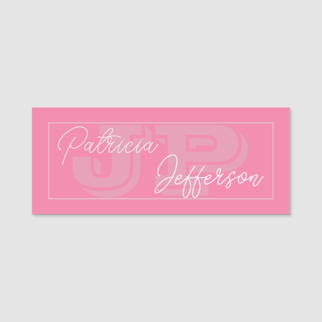 Flamingo Pink Monogrammed: Handwritten Calligraphy Name Tag (Front)