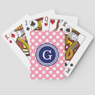 Flamingo Pink Navy Blue White Polka Dots 1IR Playing Cards