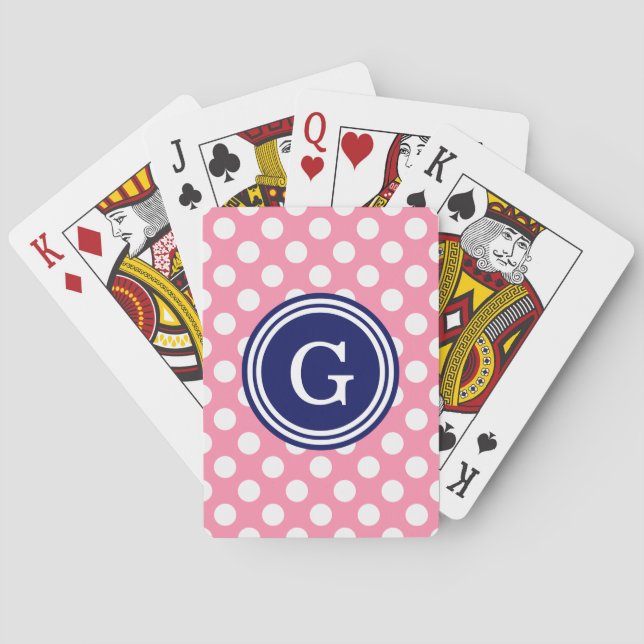 Flamingo Pink Navy Blue White Polka Dots 1IR Playing Cards (Back)