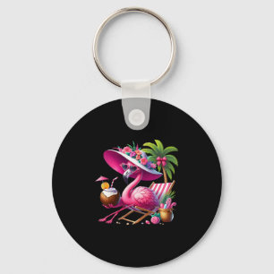Flamingo Pink Palm Tree Tropical Beach Summer Vaca Keychain