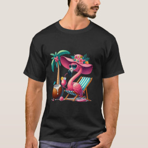 Flamingo Pink Palm Tree Tropical Beach Summer Vaca T-Shirt