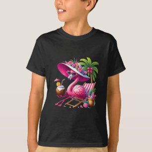 Flamingo Pink Palm Tree Tropical Beach Summer Vaca T-Shirt