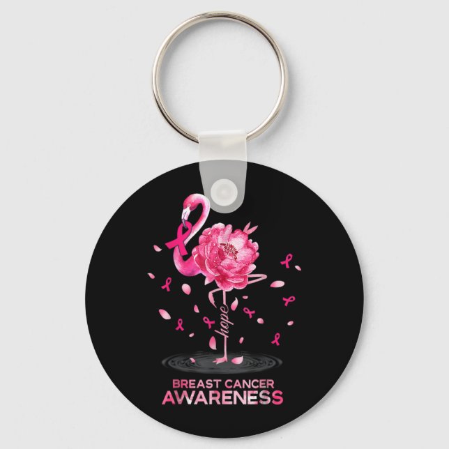 Flamingo Pink Ribbon Breast Cancer Awareness Keychain (Front)