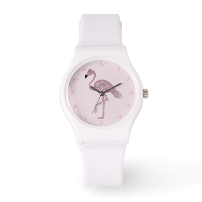 Flamingo Pink Roses Flamingos Clock Watch (Front)