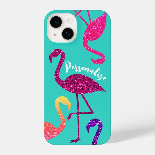 Flamingo pink sparkles Personalize turquoise iPhone Case (Back)