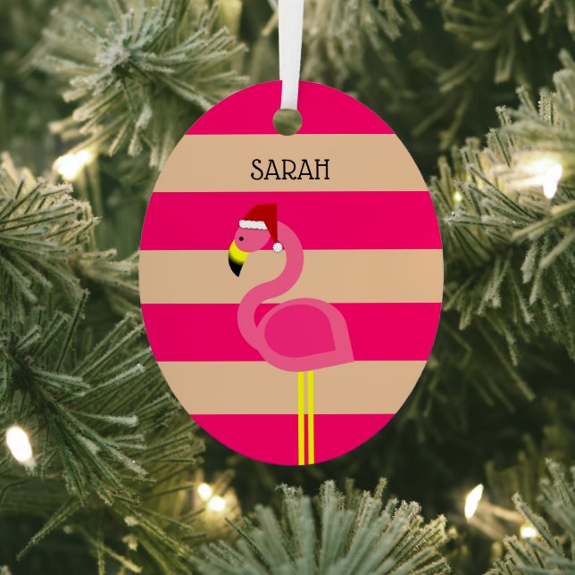 Flamingo Pink Strip Tropical Christmas Metal Ornament (Insitu)