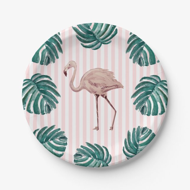 Flamingo Pink Stripe Birthday Tropical Paper Plate (Front)