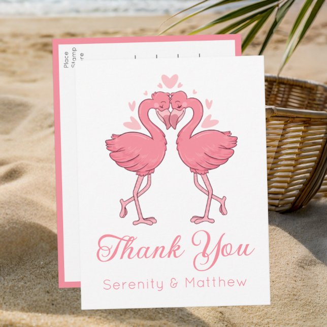Flamingo Pink Tropical Beach Wedding Thank You Postcard (Creator Uploaded)