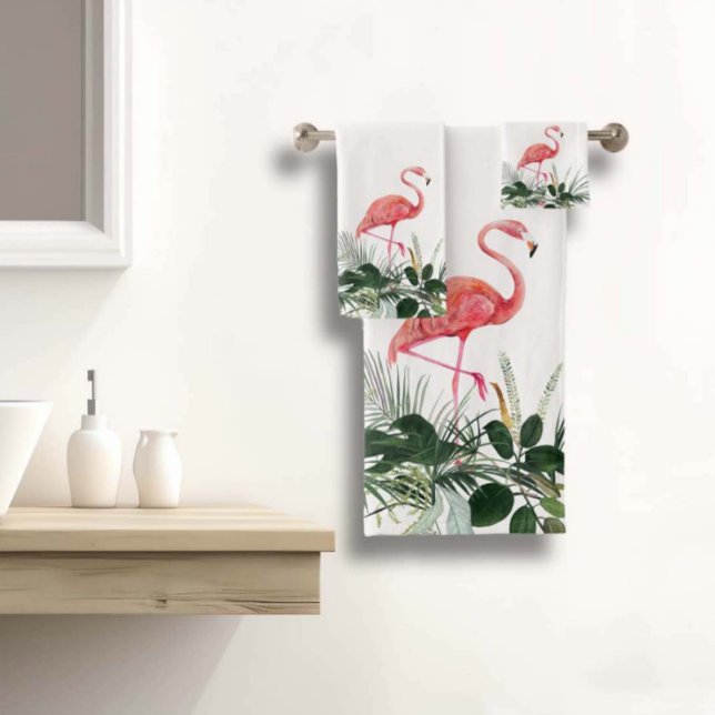 Flamingo Pink Tropical Watercolor Leaves Palm Bath Towel Set (Creator Uploaded)