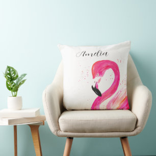 Flamingo Pink watercolor Cute Nursery Art Bird Throw Pillow