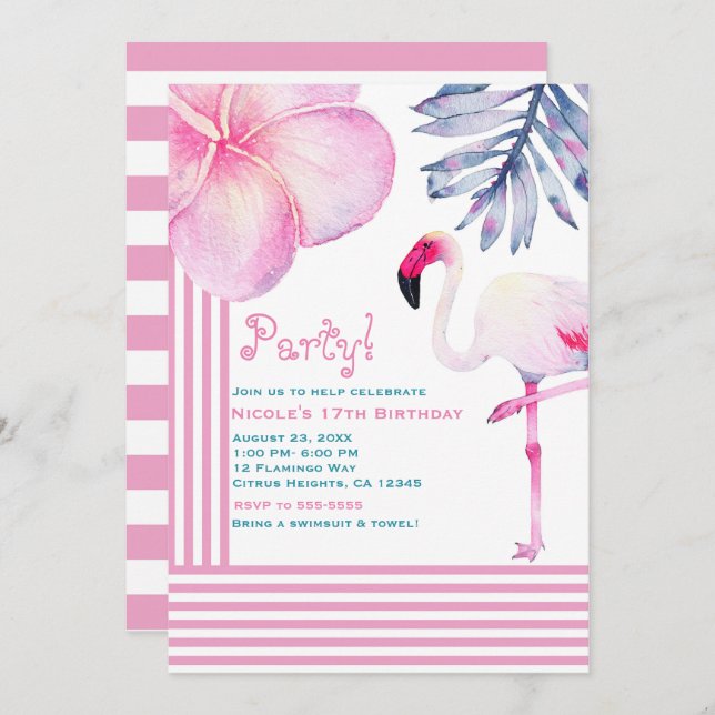 Flamingo Pink & White Stripes Birthday Party Invitation (Front/Back)