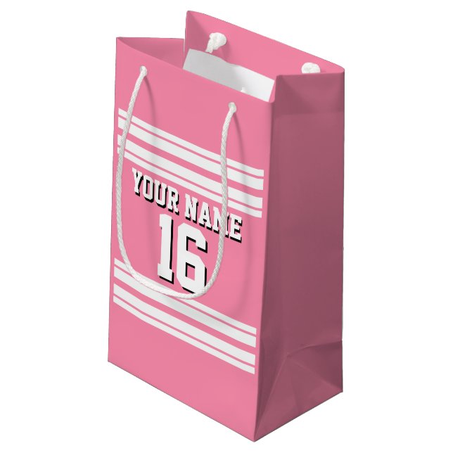 Flamingo Pink White Team Jersey Custom Number Name Small Gift Bag (Back Angled)