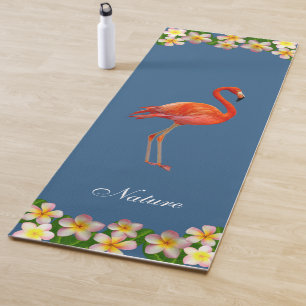 Flamingo & Plumeria Flowers on Award Blue Yoga Mat