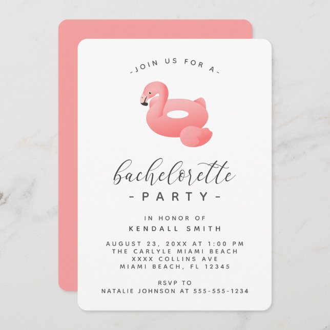 Flamingo Pool Float Minimal Bachelorette Party Invitation (Front/Back)