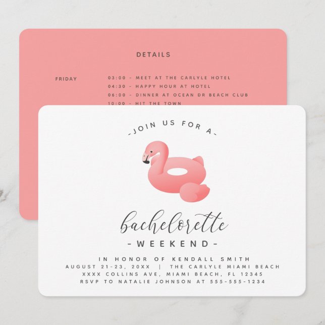 Flamingo Pool Float Minimal Bachelorette Weekend Invitation (Front/Back)