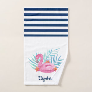 Flamingo Pool Float Navy Blue White Striped  Bath Towel Set
