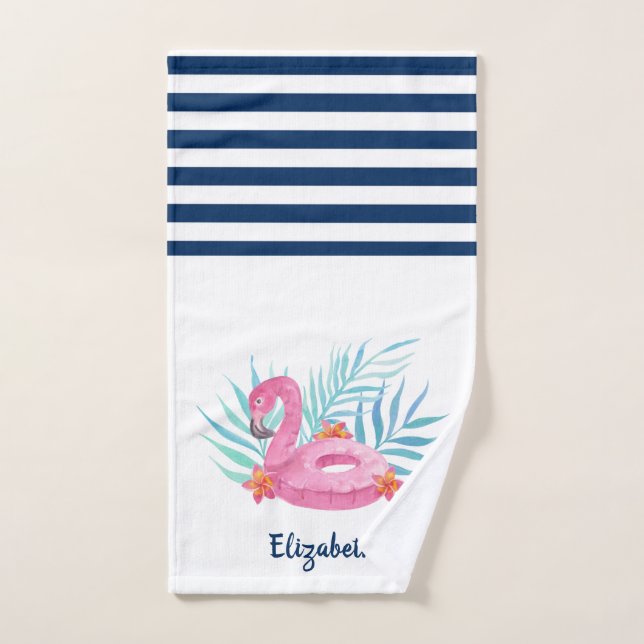 Flamingo Pool Float Navy Blue White Striped  Bath Towel Set (Hand Towel)