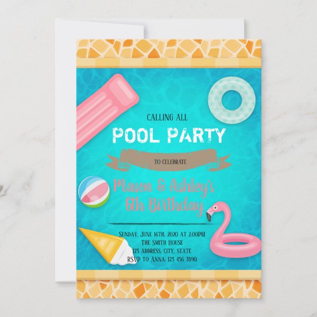 Flamingo pool party invitation (Front)