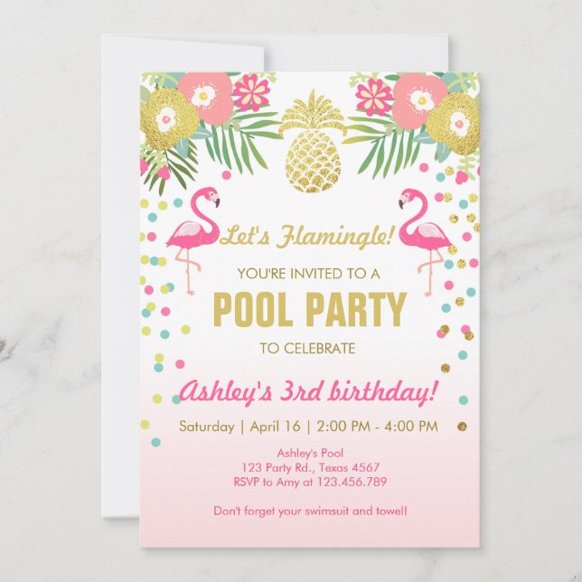 Flamingo Pool party invitation Tropical (Front)