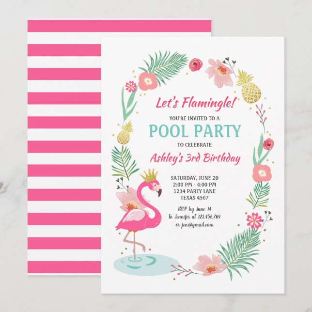 Flamingo Pool party invitation Tropical Birthday (Front/Back)