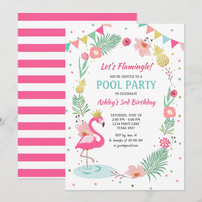 Flamingo Pool party invitation Tropical Birthday (Front/Back)