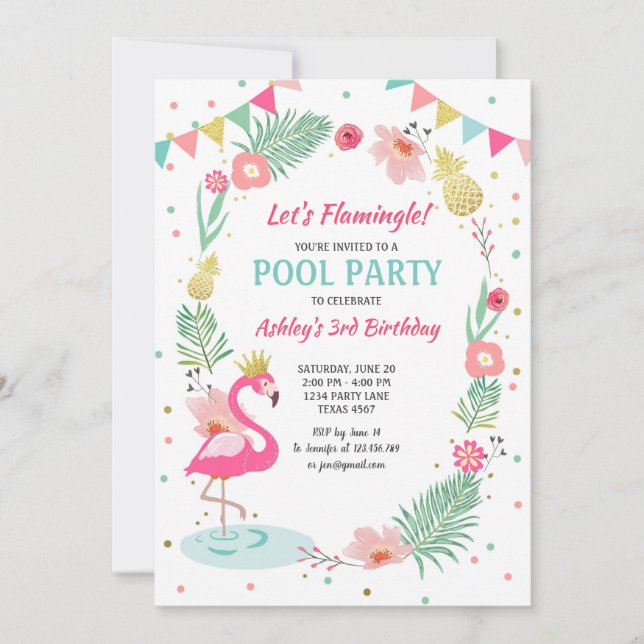 Flamingo Pool party invitation Tropical Birthday (Front)
