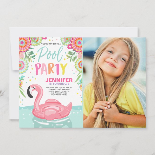 Flamingo Pool party invitation Tropical Pool float (Front)