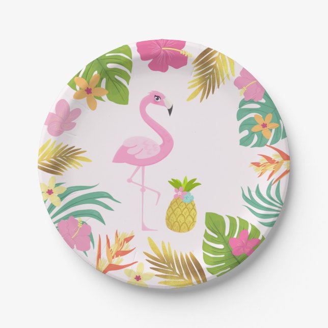 Flamingo Pool Party Paper Tropical Pool Party Paper Plate (Front)