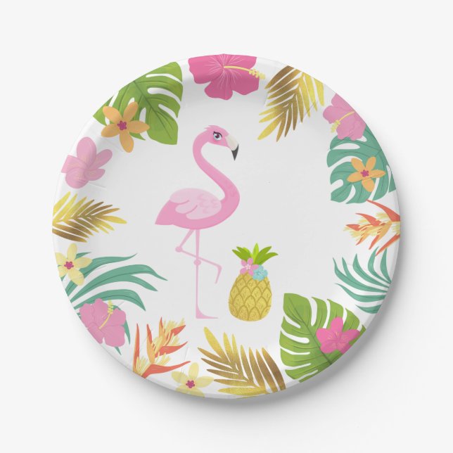Flamingo Pool Party Paper Tropical Pool Party Paper Plate (Front)