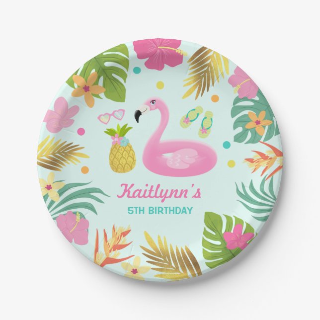 Flamingo Pool Party Paper Tropical Pool Party Paper Plate (Front)