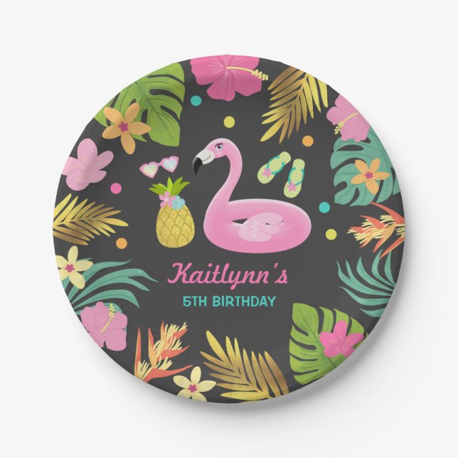 Flamingo Pool Party Paper Tropical Pool Party Plate (Front)