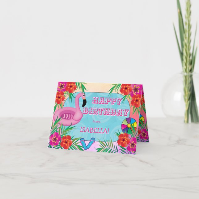 Flamingo Pool Party Pink Happy Birthday Card (Front)